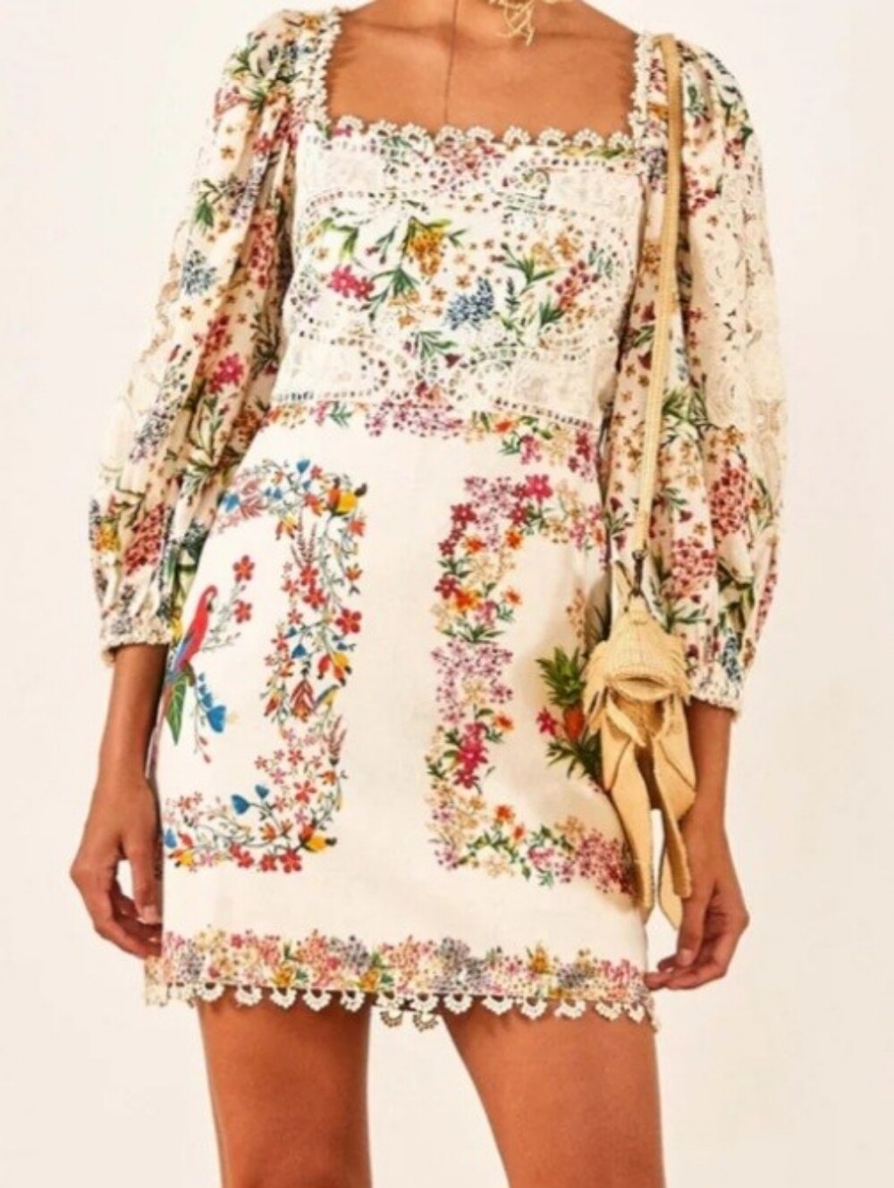 FARM Rio Cream Floral Dress with Tropical Motif